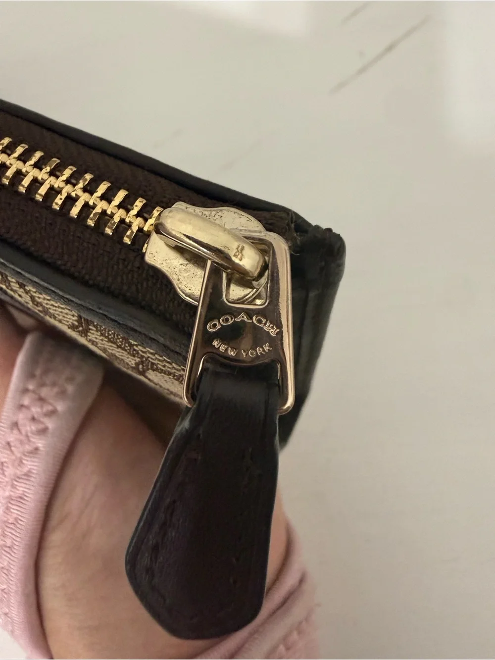 Coach Zip Wallet in Brown Signature Canvas with Black Trim